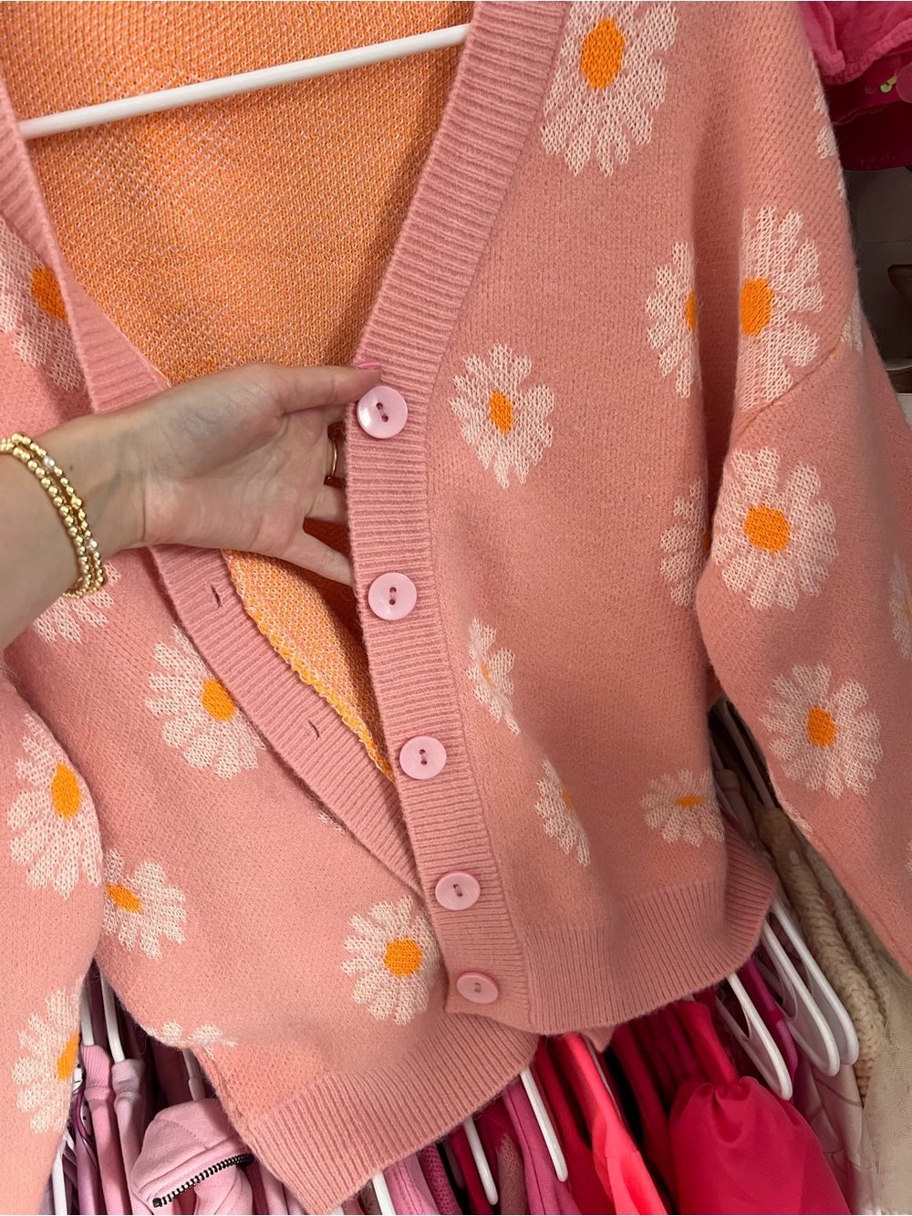 Pink Daisy Knit Cardigan - Button Front - Picture 3 of 5